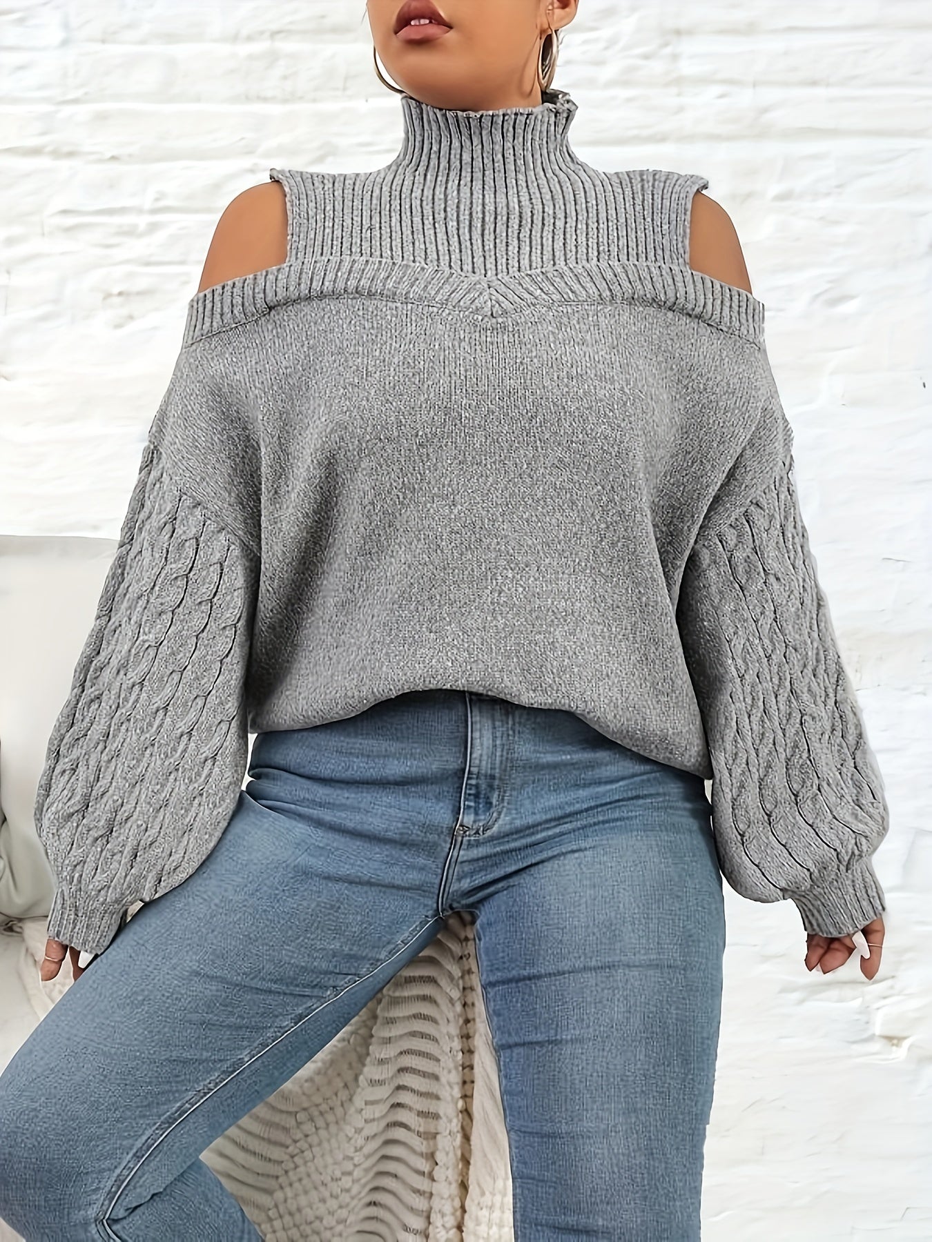 Solid Jacquard Cut Out Lantern Sleeve High Neck Sweater