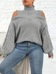 Solid Jacquard Cut Out Lantern Sleeve High Neck Sweater