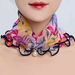 Mesh Scarf Colorful Print with Faux Pearl Pendant