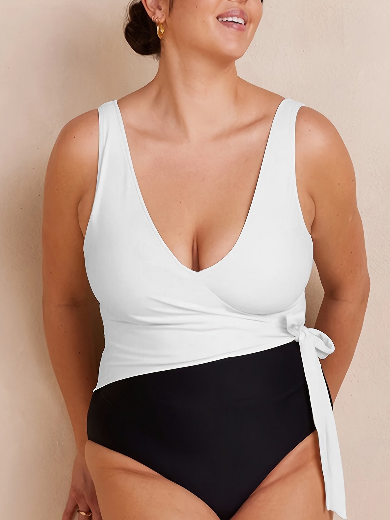 Sexy Swimsuit Colorblock V Neck Tummy Control One Piece