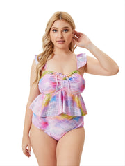 Floral Trim Drawstring Front Tankini Women's Plus