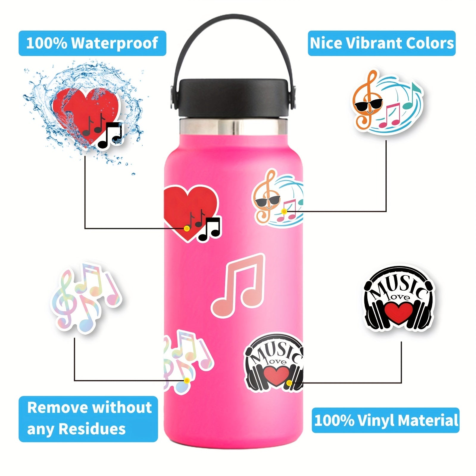 Music Themed Stickers for Water Bottles, Laptops, Guitars