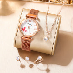 Student Digital Love Leather Watch & 5pcs Jewelry Set