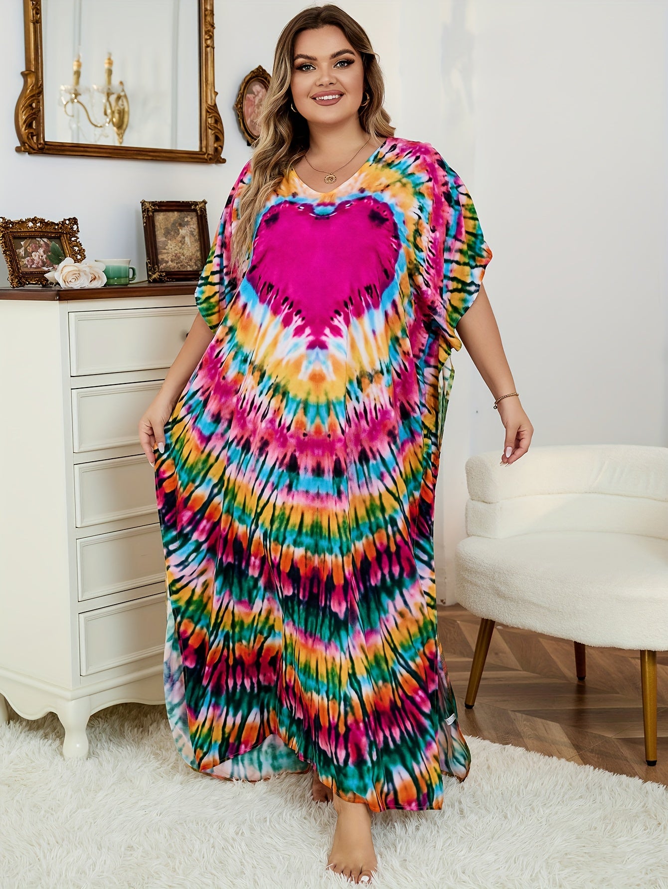 Boho Cover Up Women's Plus Tie Dye Print Split Maxi Beach Cover Up