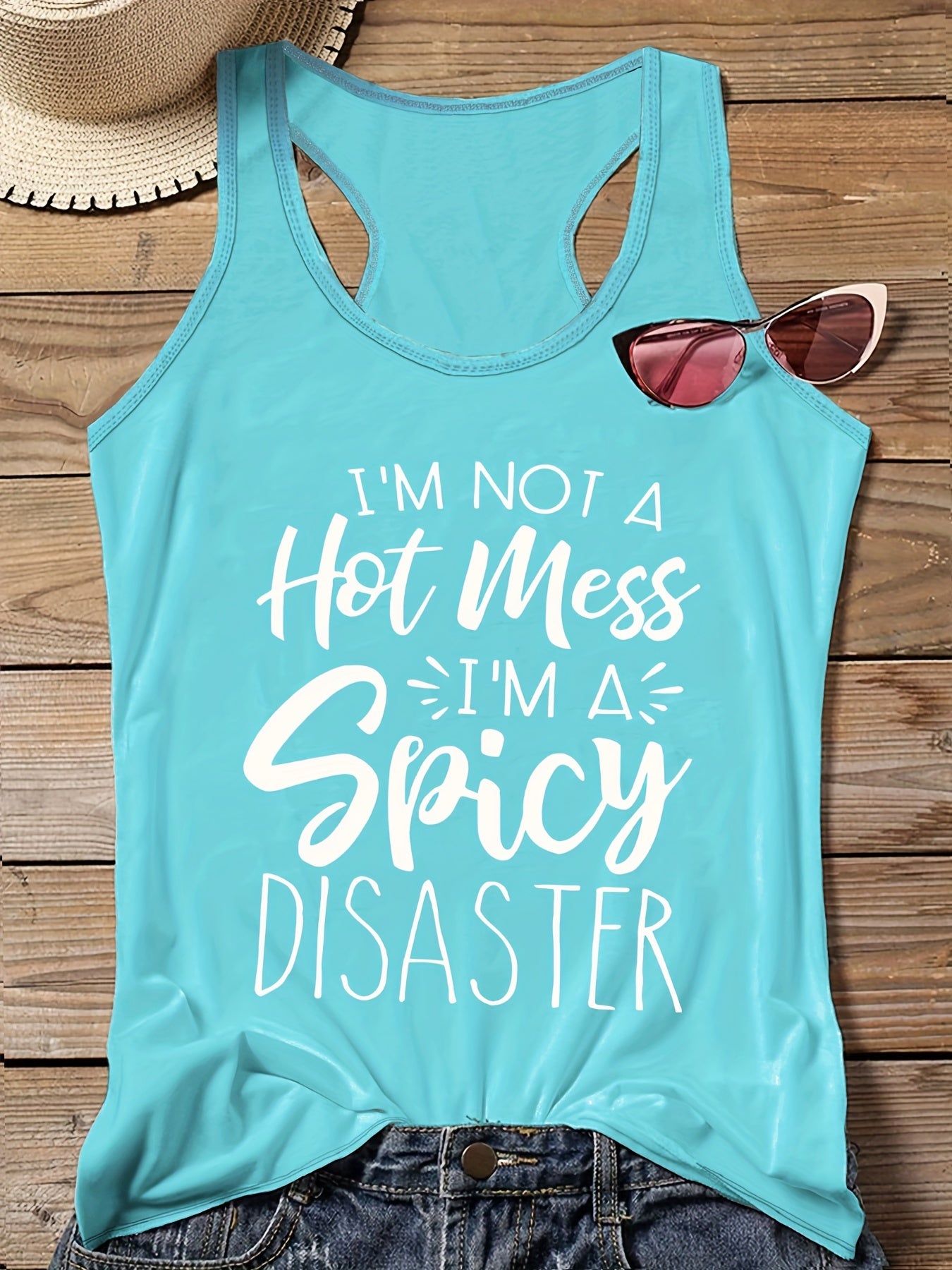 Slogan Print Round Neck Vest Top