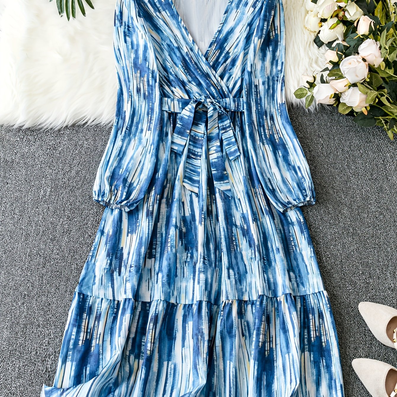 Plus Tie Dye Lantern Sleeve Smock Maxi Dress