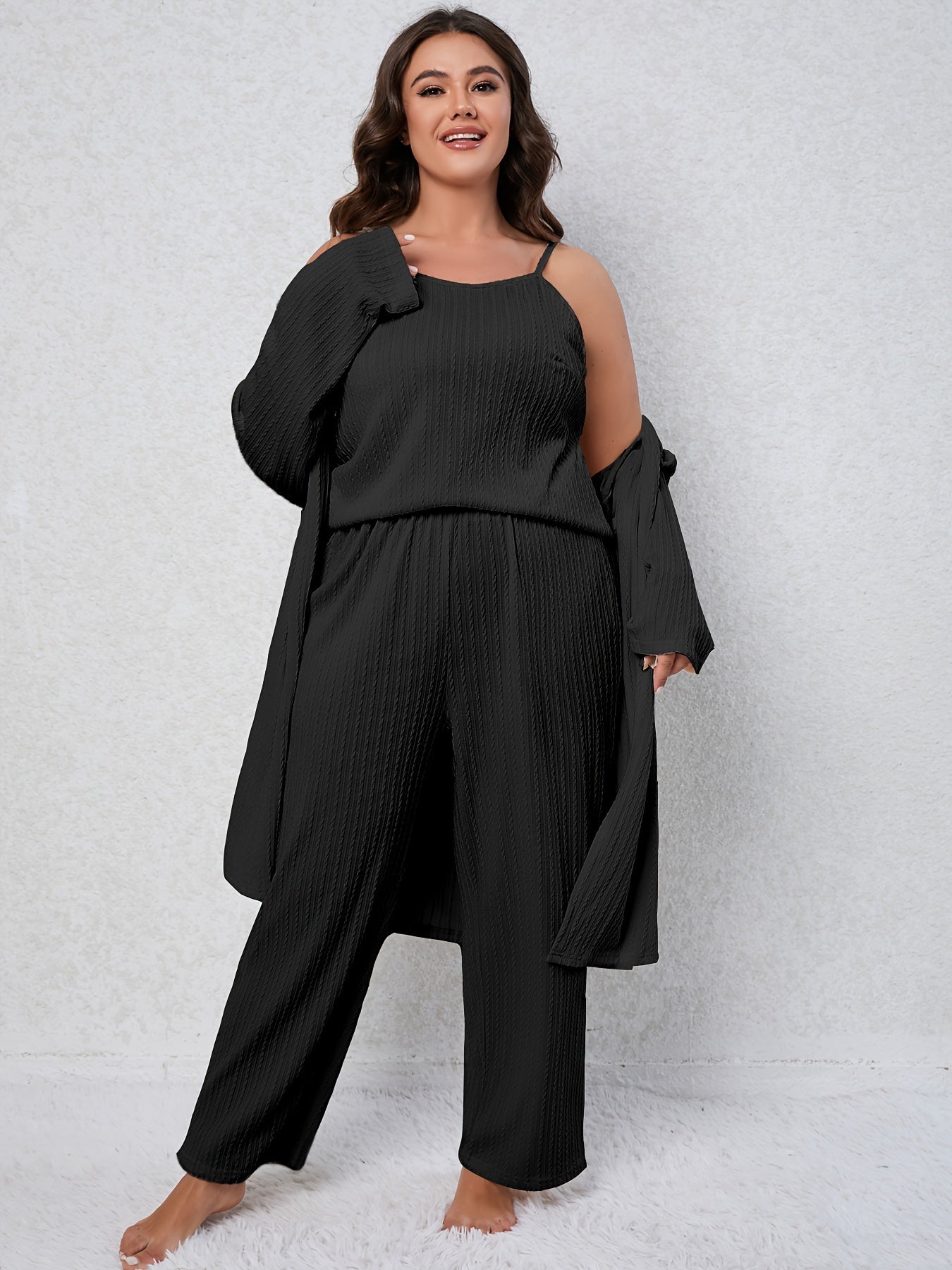 Textured Cami Top & Wide Leg Pants & Robe Pajama Set