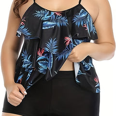 Tropical Print Ruffle Trim Tankini Set