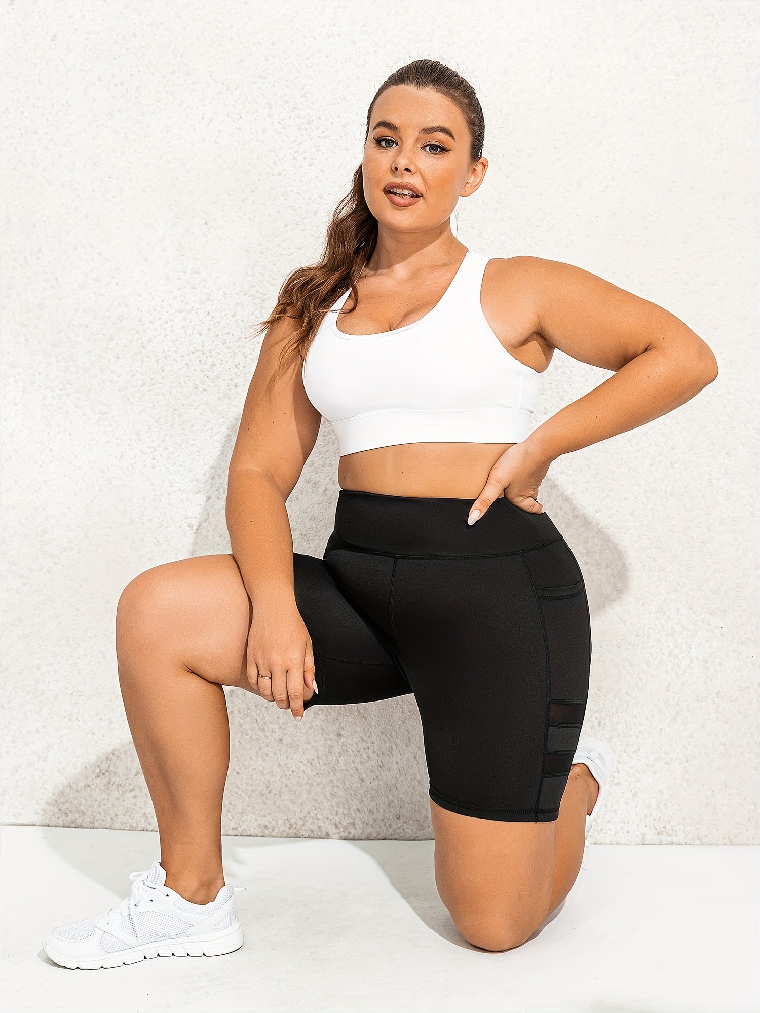 Sports Shorts Women's Plus Solid Contrast Mesh High Rise Skinny Shorts