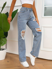 Distressed Straight Leg Jeans Water Ripple Embossed Crotch Slash Pocket Denim