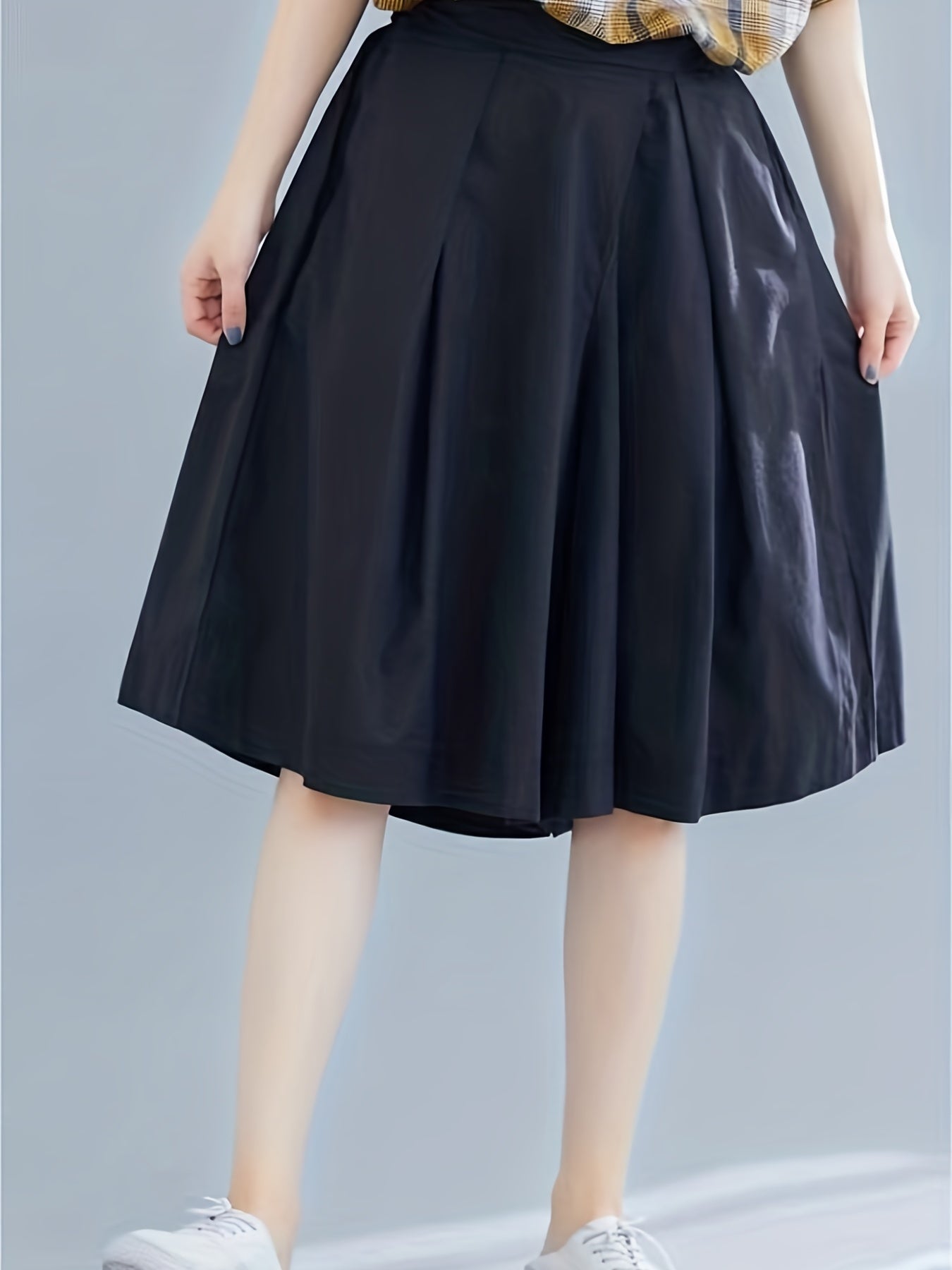 Solid Knee Length Wide Leg Shorts Women's Clothing