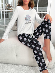 Elephant Print Pajama Set Long Sleeve Crew Neck & Elastic Waistband Pants