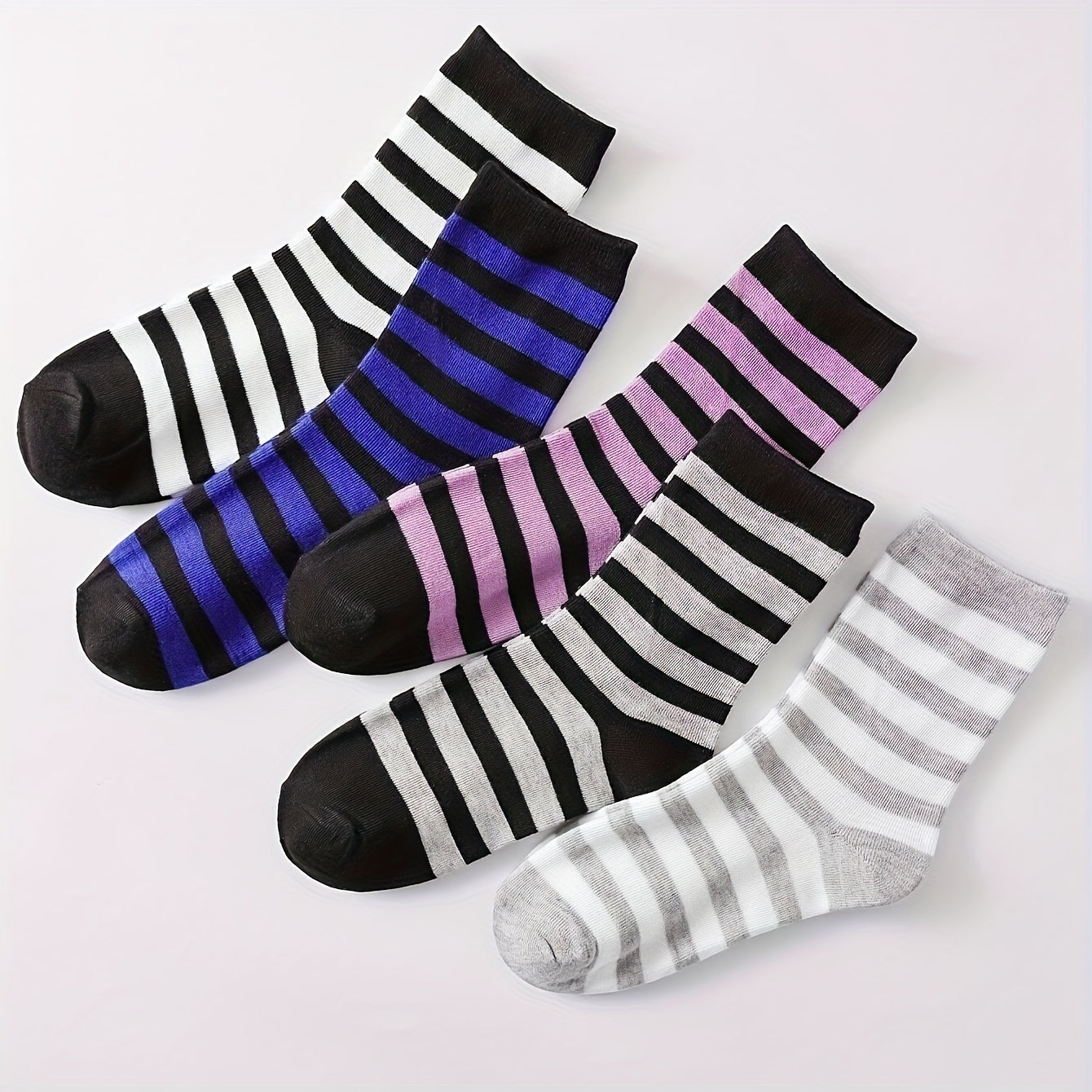 5 Pairs Striped Crew Socks Comfy & Breathable Women's Mid Tube Stockings