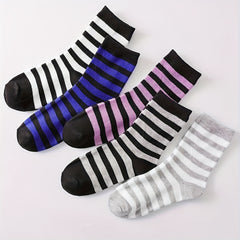 5 Pairs Striped Crew Socks Comfy & Breathable Women's Mid Tube Stockings