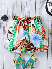Boys Flower & Leaf Casual Shorts for Vacation Beach