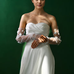 Sheer Bridal Gloves with Floral Embellishments Long Sleeve