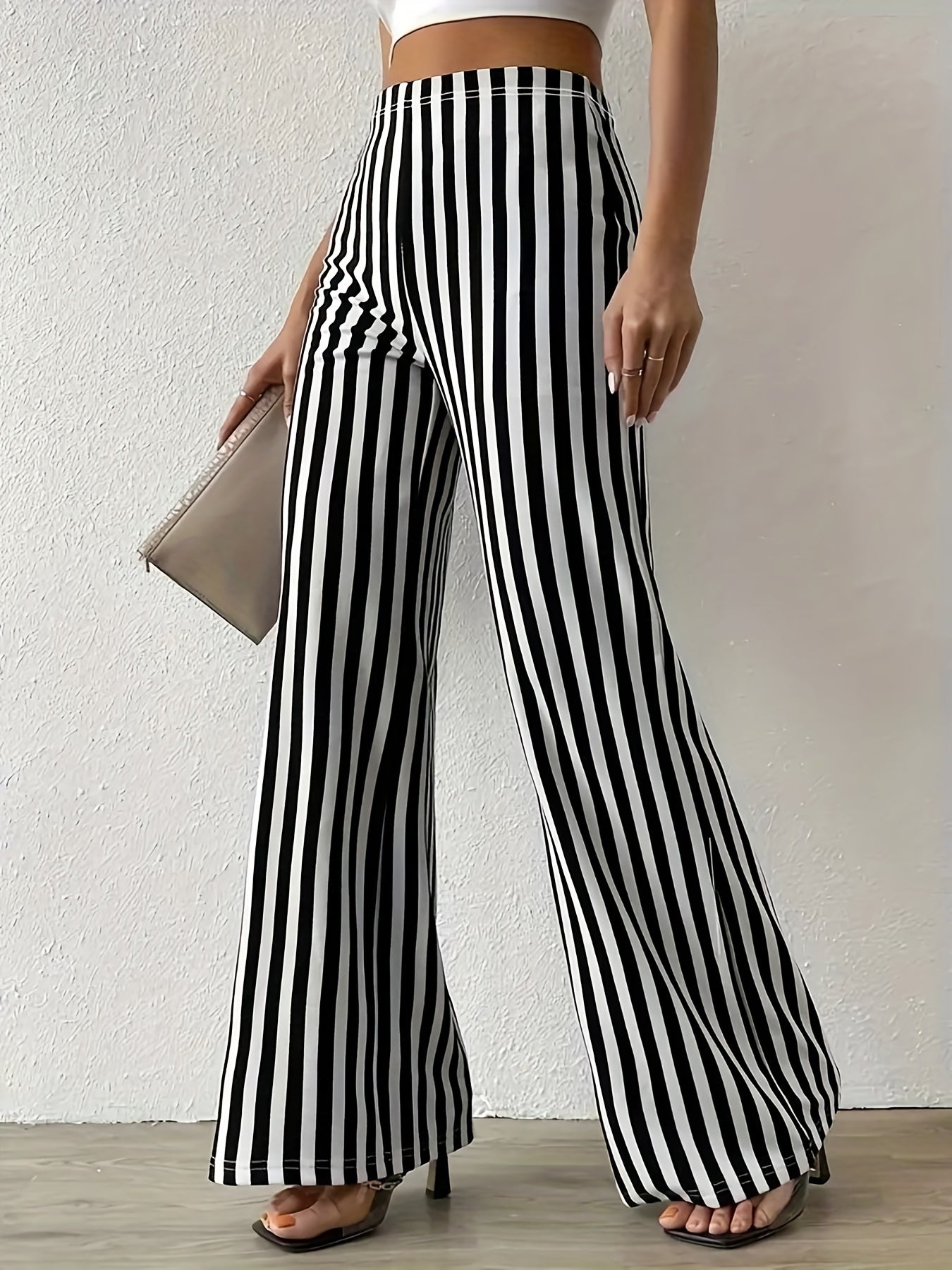 Stripe Print Flare Leg Pants Loose Pants For Spring & Fall