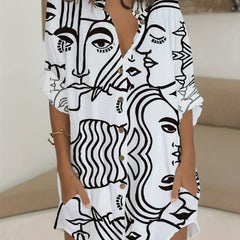 Abstract Figure Print Button Up Blouse