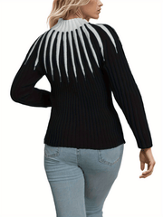Block Knit Sweater High Neck Ribbed Sweater Women's Clothing