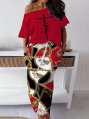 Women's Letter & Chain Print Top & Skirt Set