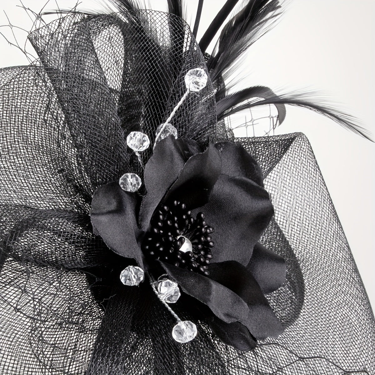 Mesh Flower Feather Fascinator Headpiece Tea Party Wedding Hat with Headband