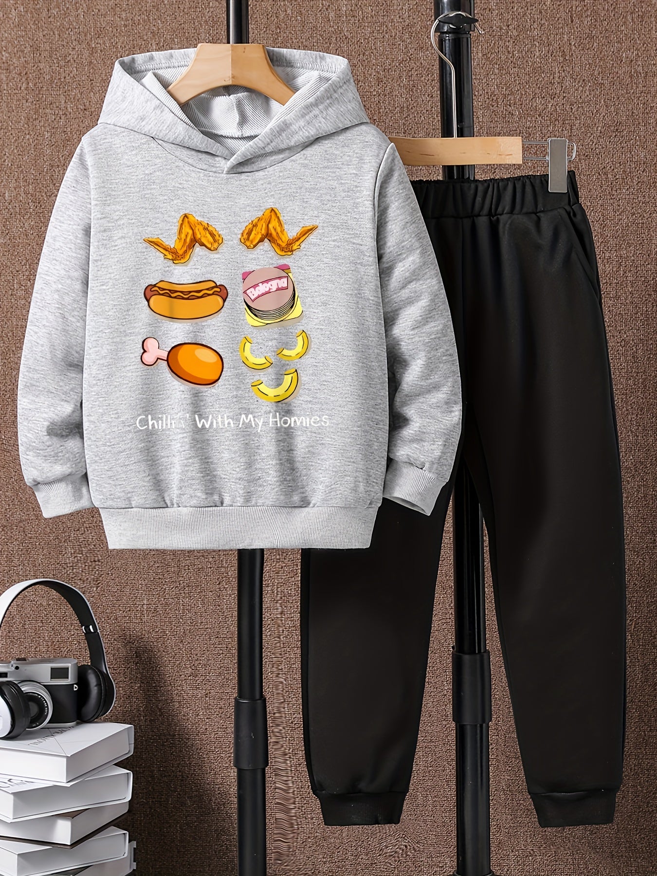 2pcs Food Print Boys Hoodie Kids Casual Long Sleeve Loose Hooded Sweatshirt