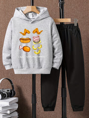 2pcs Food Print Boys Hoodie Kids Casual Long Sleeve Loose Hooded Sweatshirt