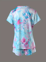 Colorblock Lounge Set Short Sleeve Crew Neck Top & Elastic Waistband Shorts
