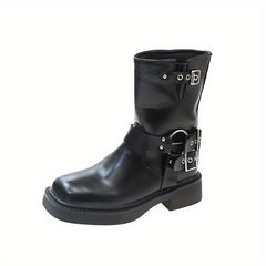Chunky Heel Motorcycle Booties Slip On Buckle Strap Boots Women's Short Boots