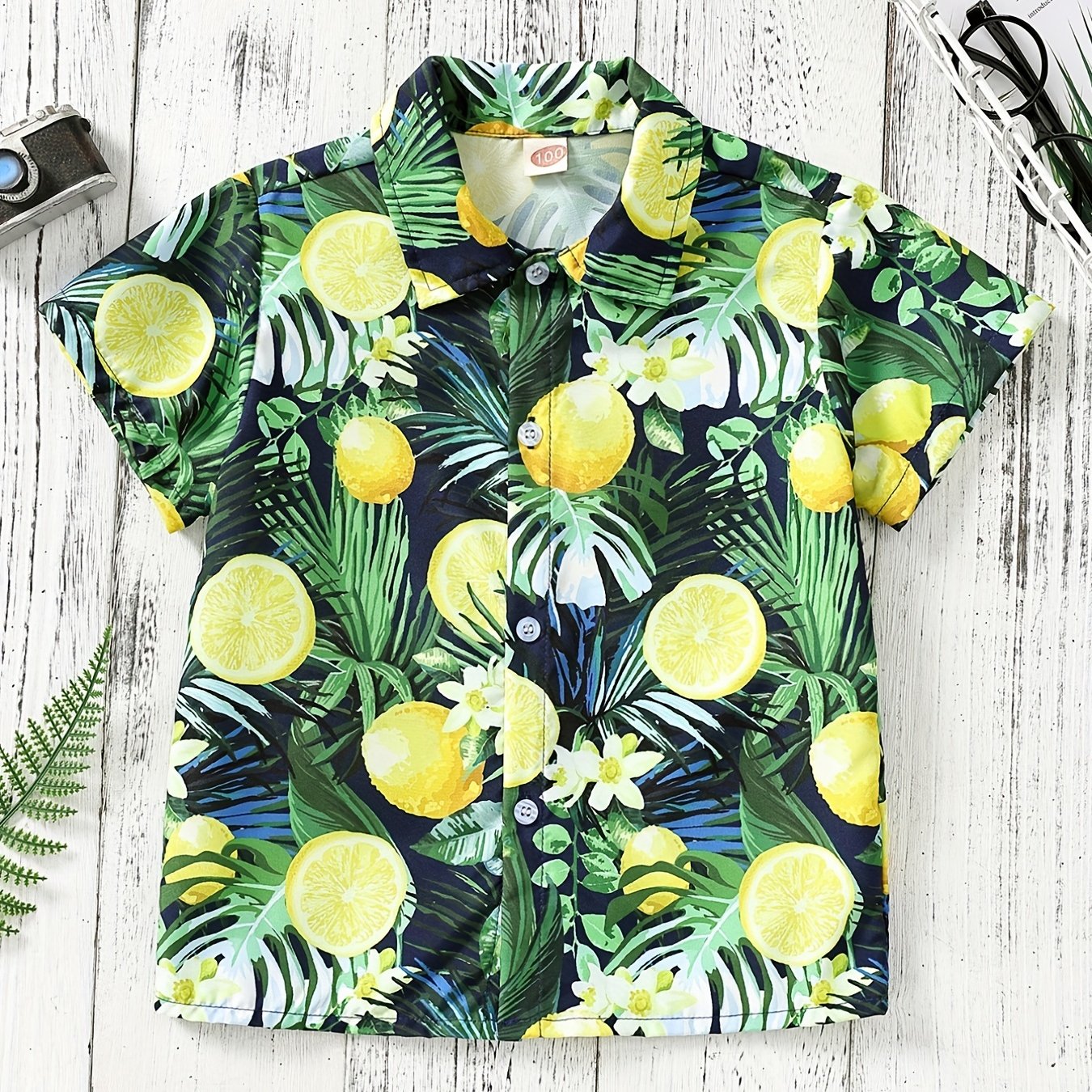 Boys Lemon Leaf & Flower Print Shirt, Summer Vacation Beach Clothes