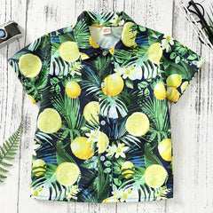Boys Lemon Leaf & Flower Print Shirt, Summer Vacation Beach Clothes