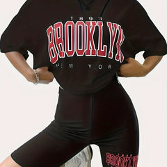 Letter Print Casual Set Crew Neck Tee & Workout Slim Short