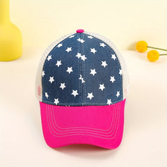 Star Print Ponytail Baseball Cap Pink Block Mesh Trucker Dad Hats