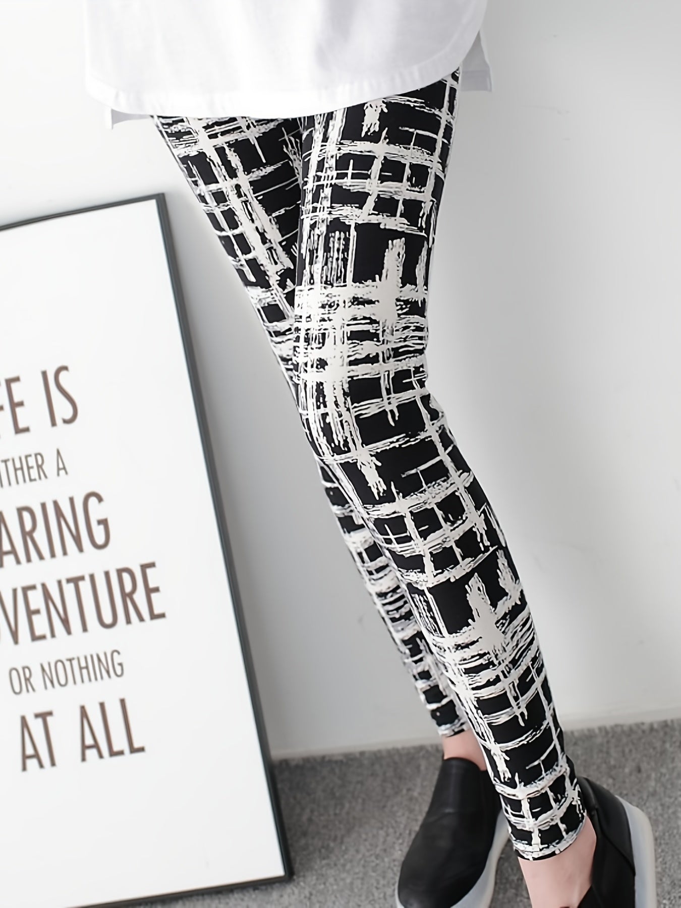 Plaid Printed Yoga Cropped Pants High Waist Stretchy Workout Outwear Pants Women