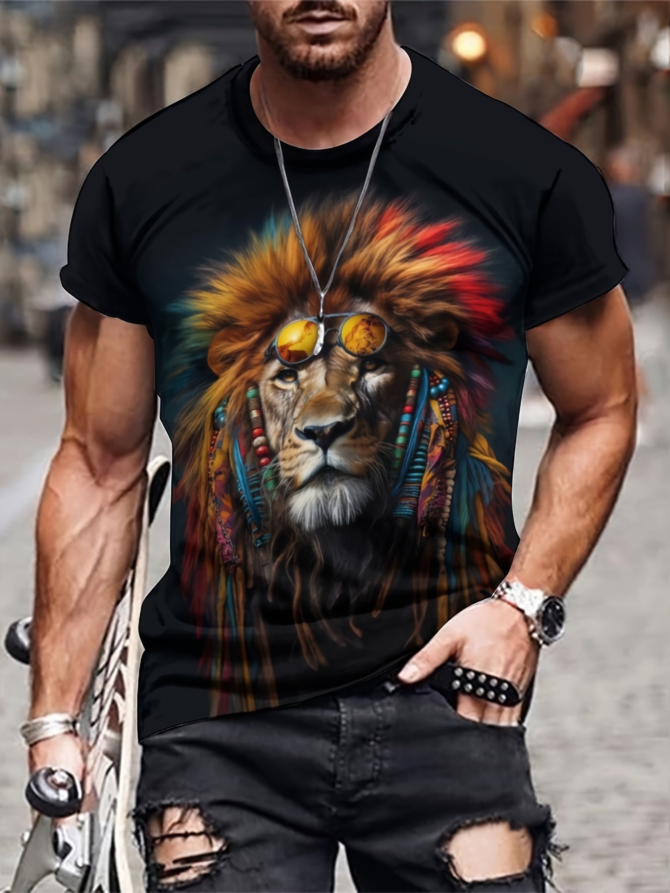 Men's 3D Lion T-shirt Stretchy Breathable Tee