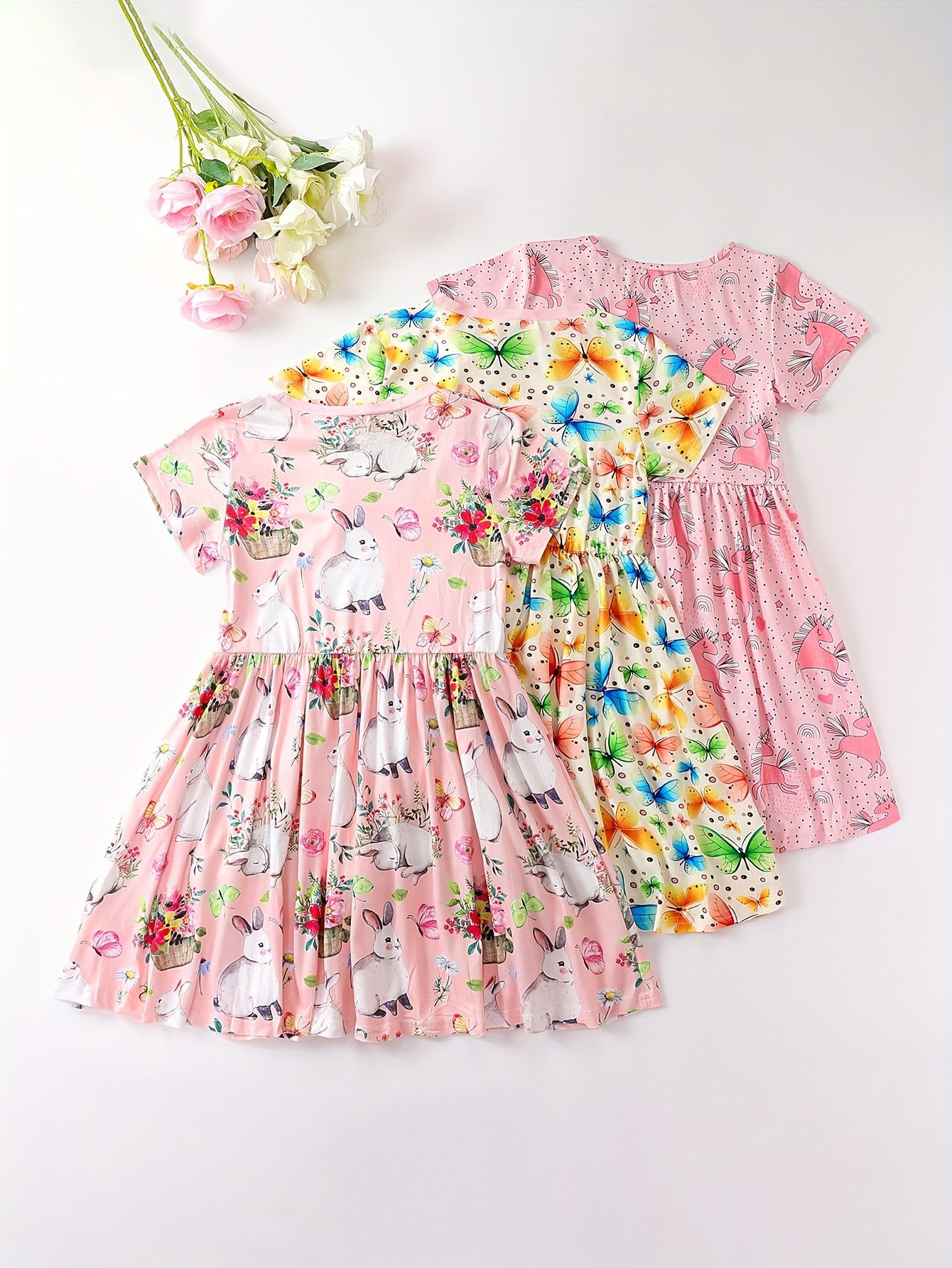 Girls' Dress With Cartoon Butterfly Rabbit Pony Print