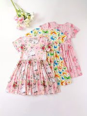 Girls' Dress With Cartoon Butterfly Rabbit Pony Print