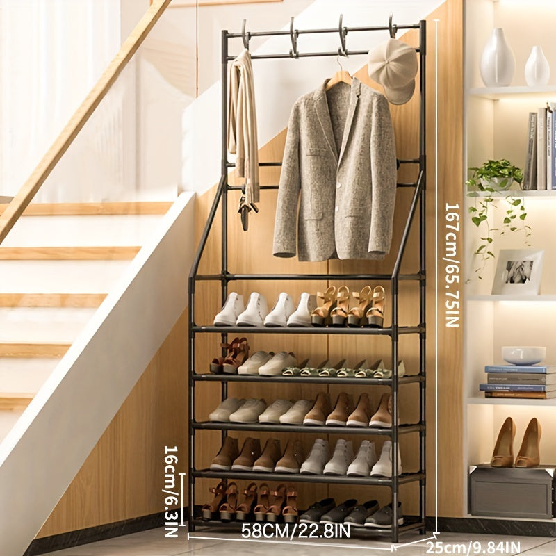 Entrance Coat Rack Foyer Shoe Rack with Storage Shelves & Hooks