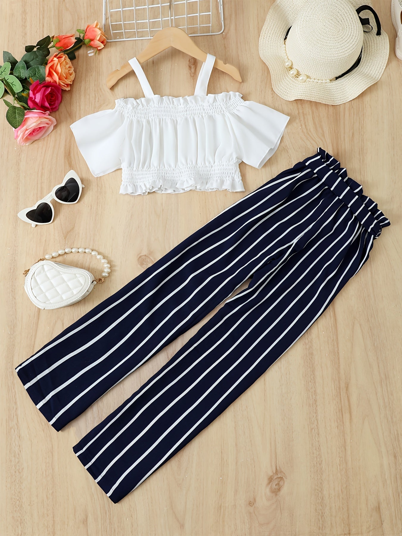 2pcs Toddler Girls Cold Shoulder Crop Tops & Pants Set