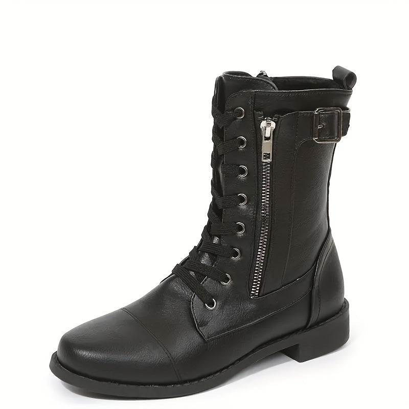 Women's Side Zip Hiking Boots Chunky Block Combat Outdoor Mid Calf Boots