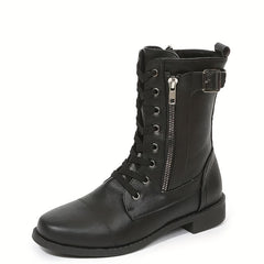 Women's Side Zip Hiking Boots Chunky Block Combat Outdoor Mid Calf Boots