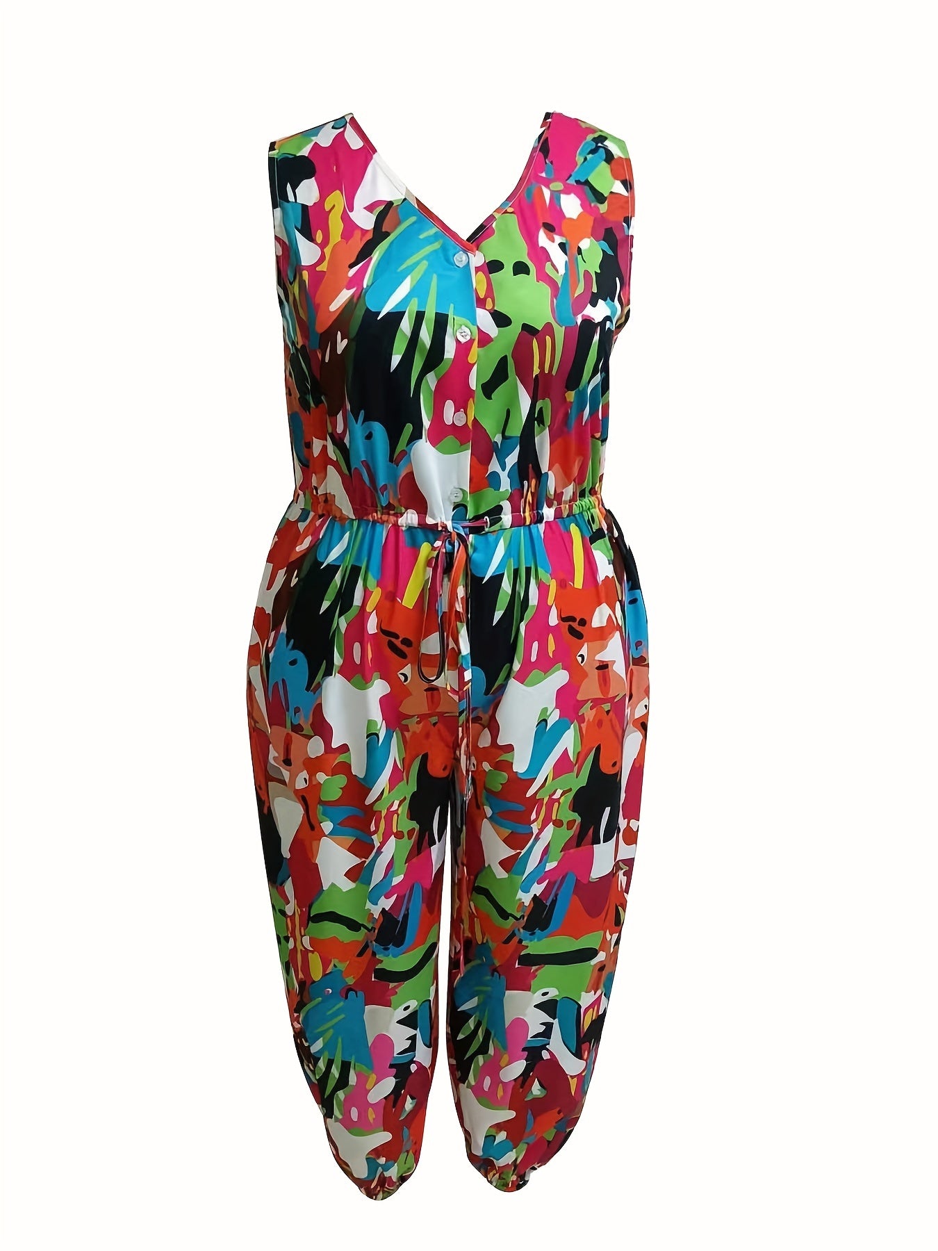 Plus Size Casual Tank Jumpsuit Allover Print V Neck Drawstring Tapered Leg