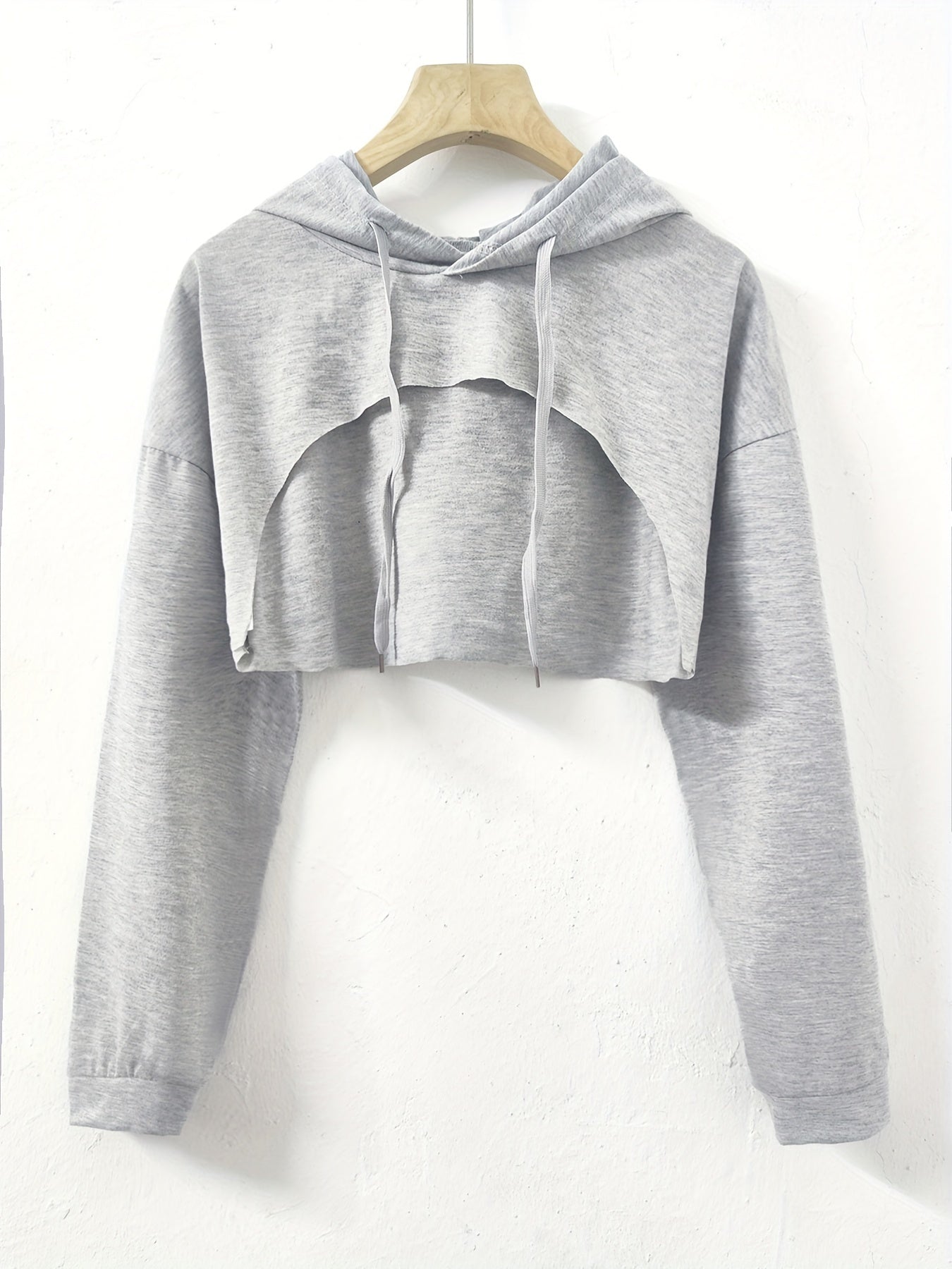 Y2K Solid Drawstring Crop Hoodie Loose Hooded Long Sleeve Crop Sweatshirt