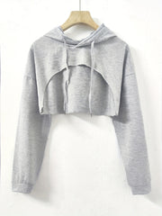 Y2K Solid Drawstring Crop Hoodie Loose Hooded Long Sleeve Crop Sweatshirt