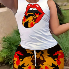 Lips Print Tank Top & Drawstring Shorts Set for Women