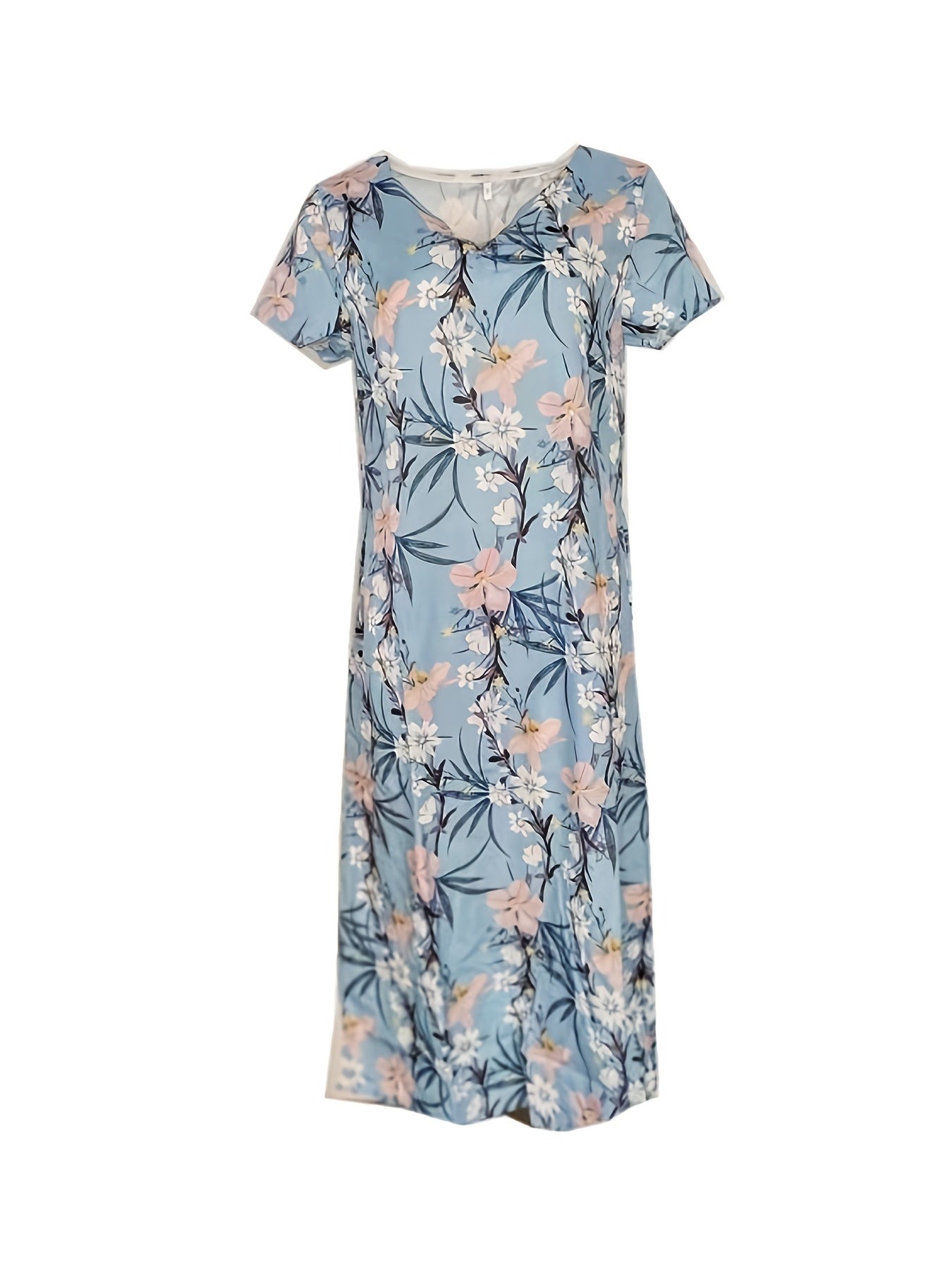 Floral Split Crew Neck Maxi Dress Short Sleeve