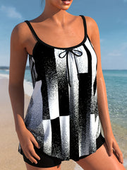 Modest Tankini Set Splash & Striped Print Cami Top & Shorts Swimsuit
