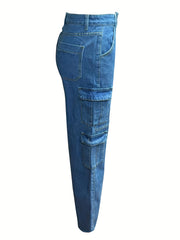 High Rise Cargo Jeans Zipper Button Closure Casual Denim Pants