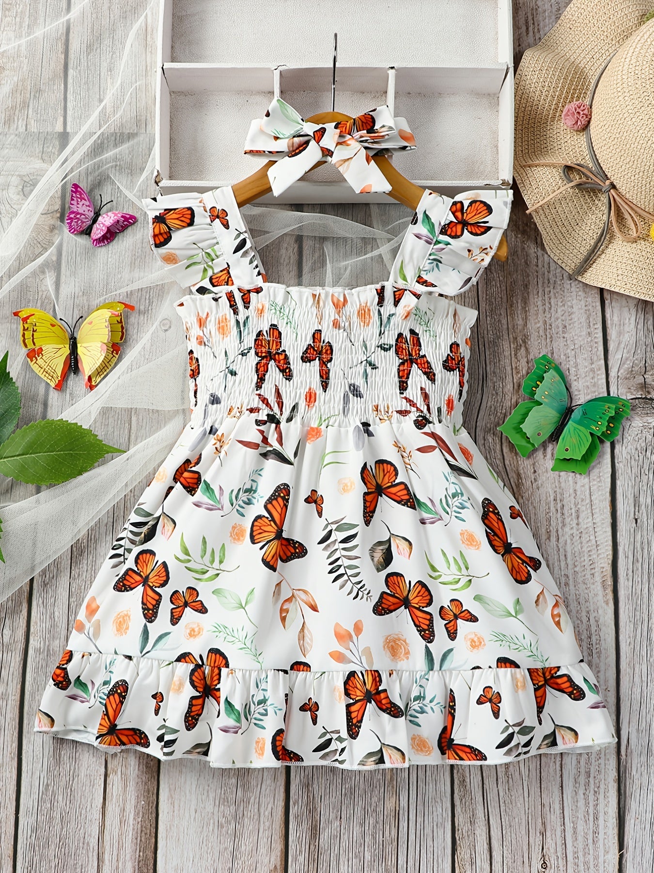 Baby Girls Butterfly Print Sleeveless Dress & Bow Headband Set