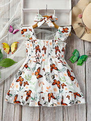 Baby Girls Butterfly Print Sleeveless Dress & Bow Headband Set